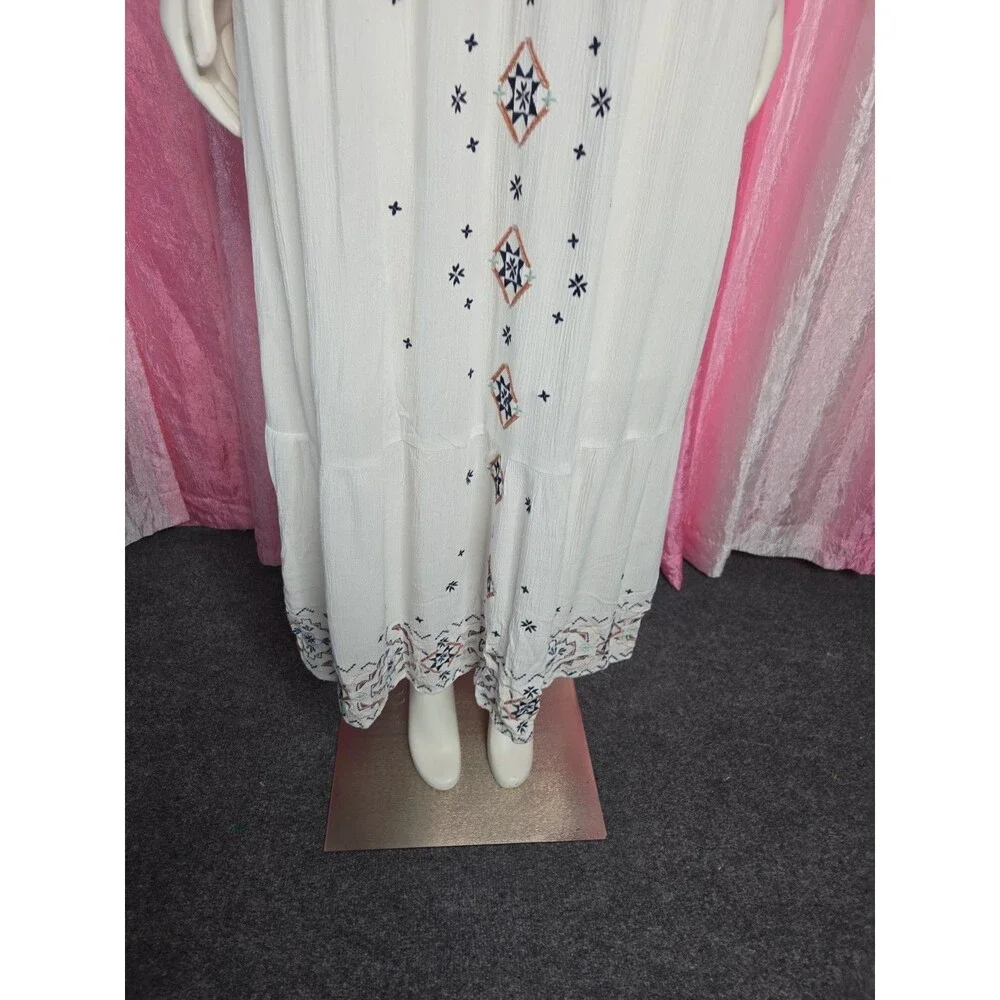 Knox Rose Ivory Boho Embroidered Cotton Lined Tiered Maxi Dress Size XS